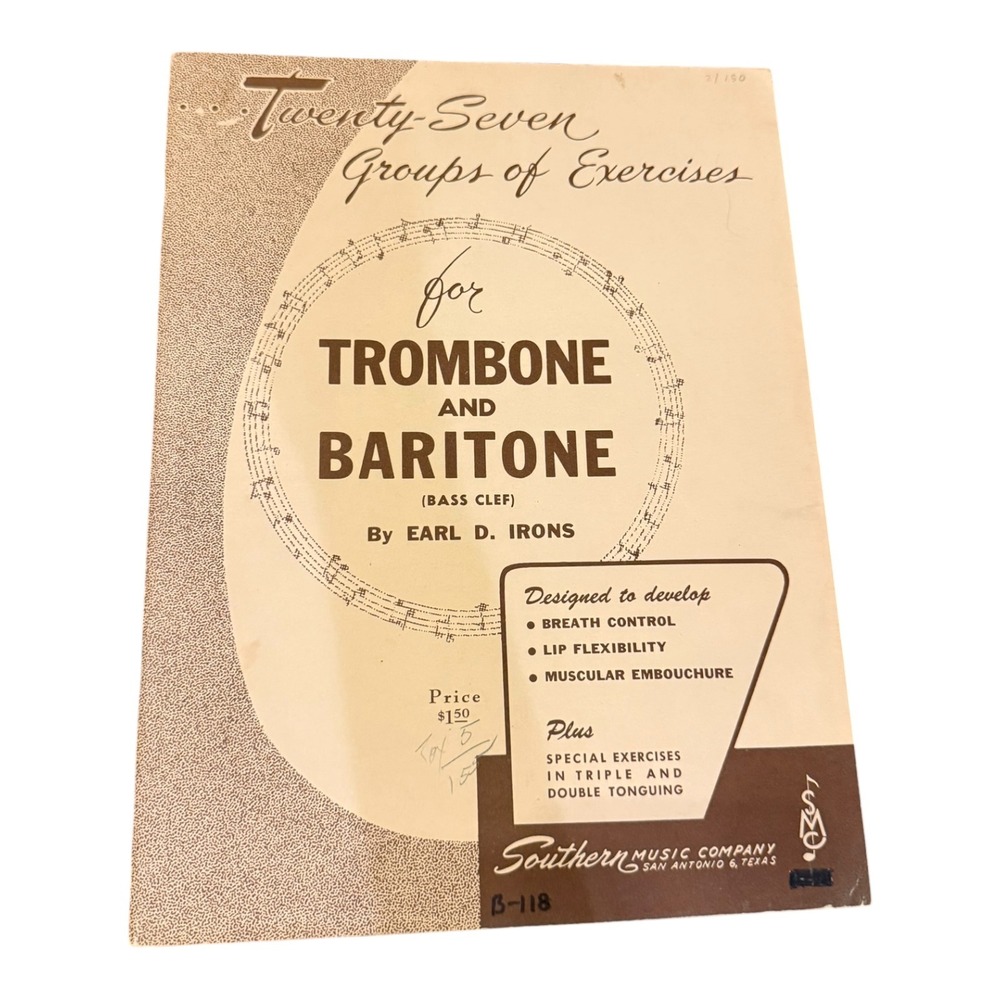 Vintage Earl D Irons Trombone and Baritone Exercises Sheet Music Book 1964